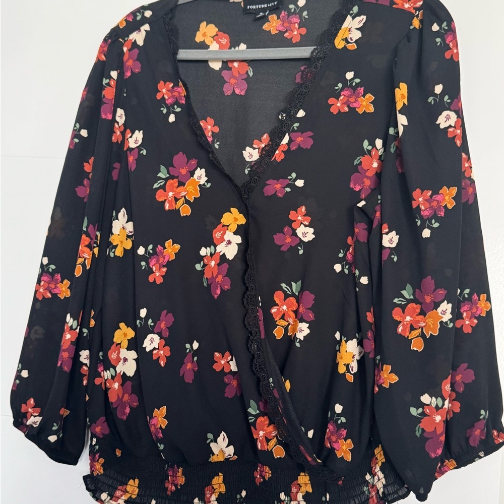Fortune + Ivy Bella Lace Detailed Surplice Blouse | XL | Black Floral